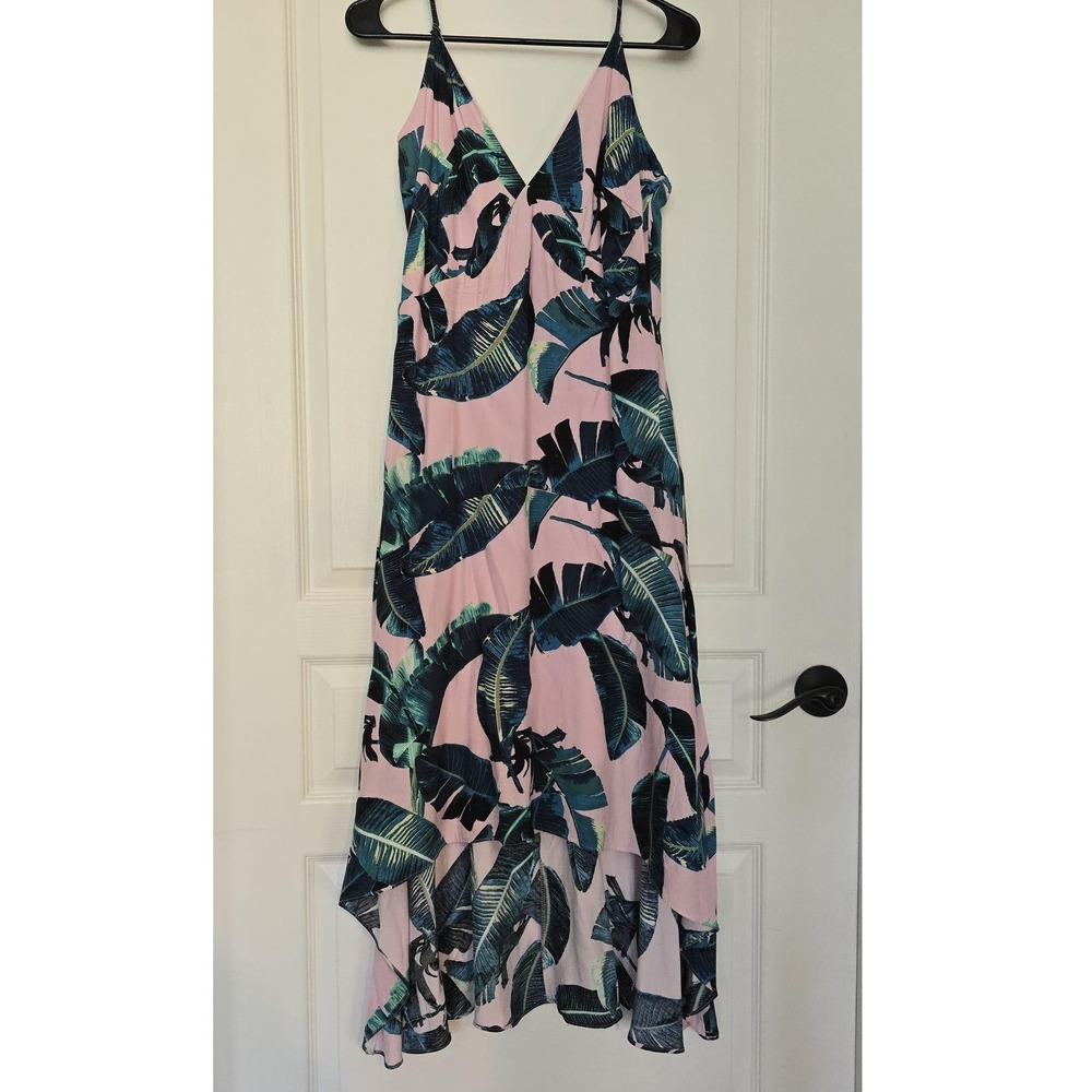 Sugar Lips Pink Tropical Palm Print High Low Maxi Dress V-Neck